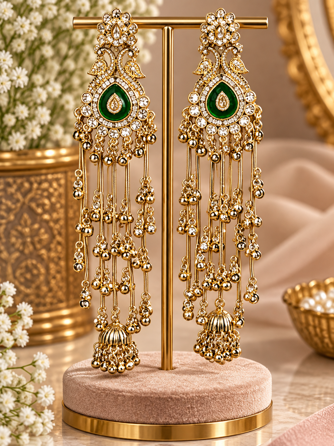 Emerald Green Kundan Long Tassel Jhumka Earrings – Gold Tone