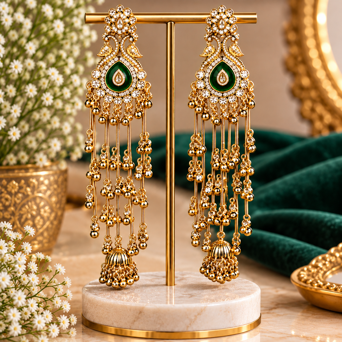 Emerald Green Kundan Long Tassel Jhumka Earrings – Gold Tone