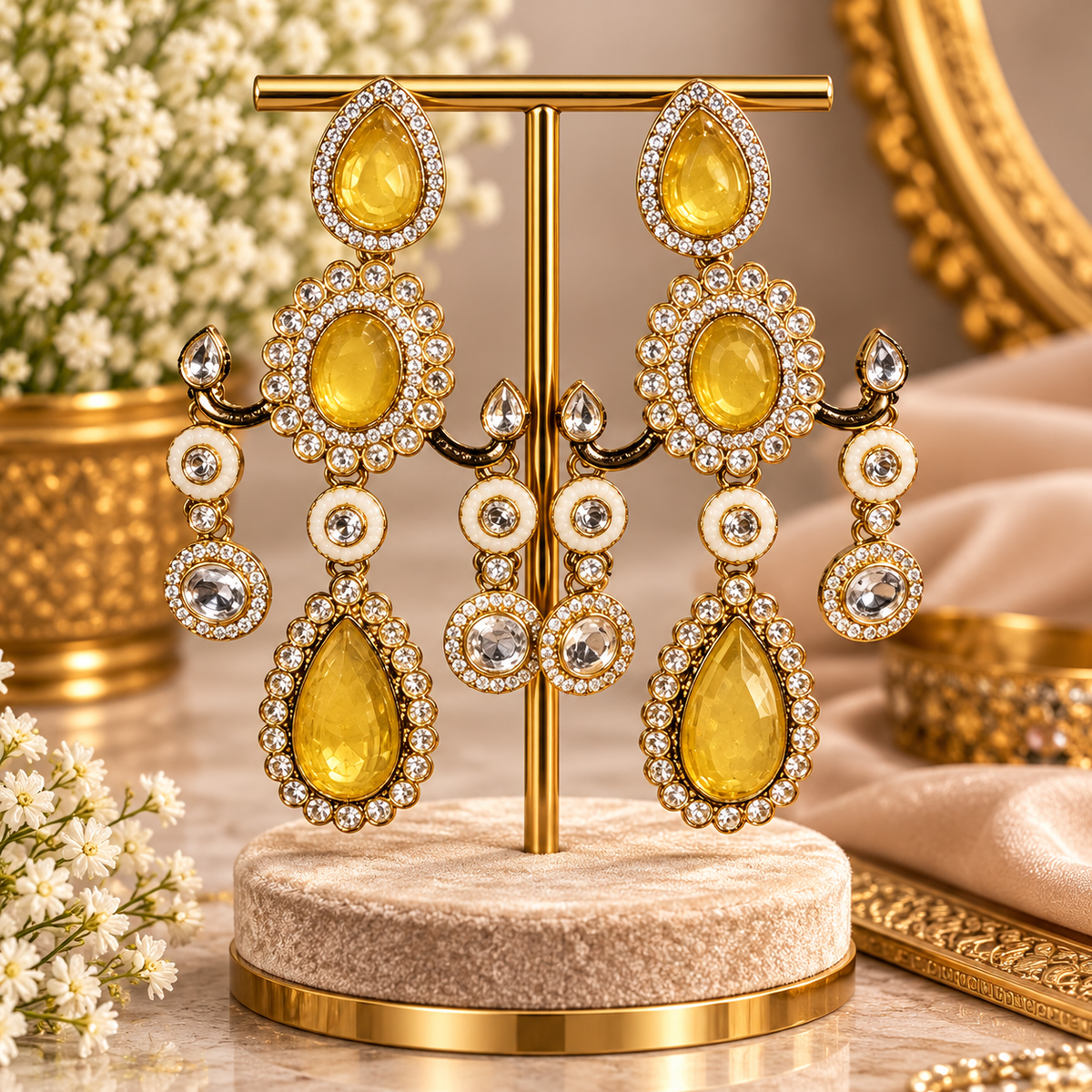 Golden Yellow Chandelier Statement Earrings