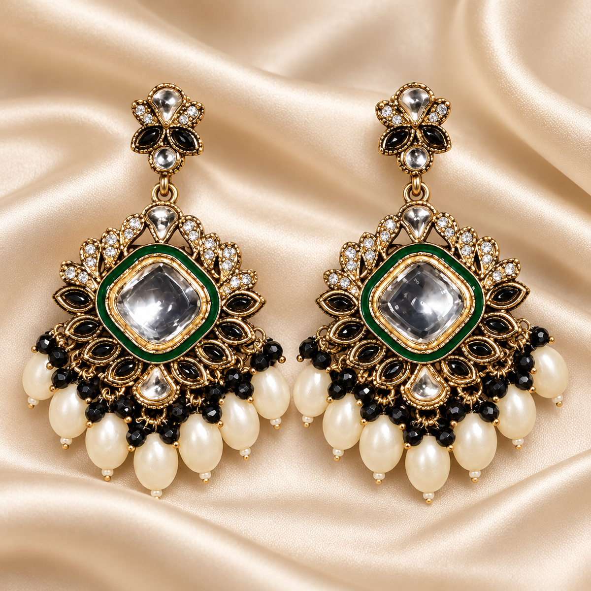 Emerald Green & Black Statement Drop Earrings