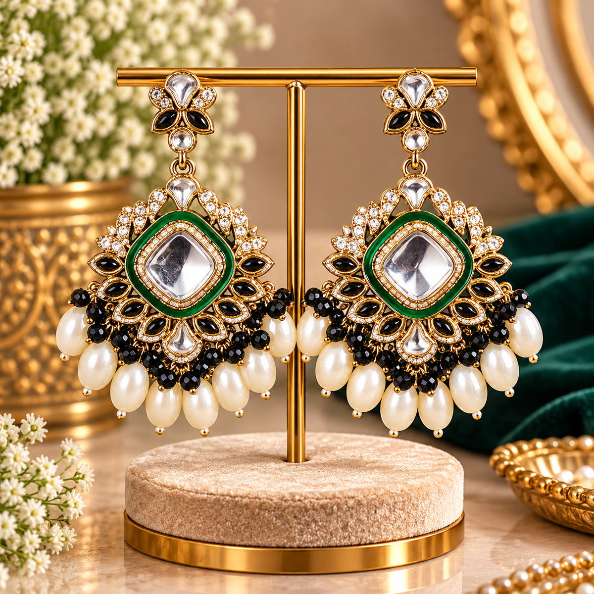 Emerald Green & Black Statement Drop Earrings