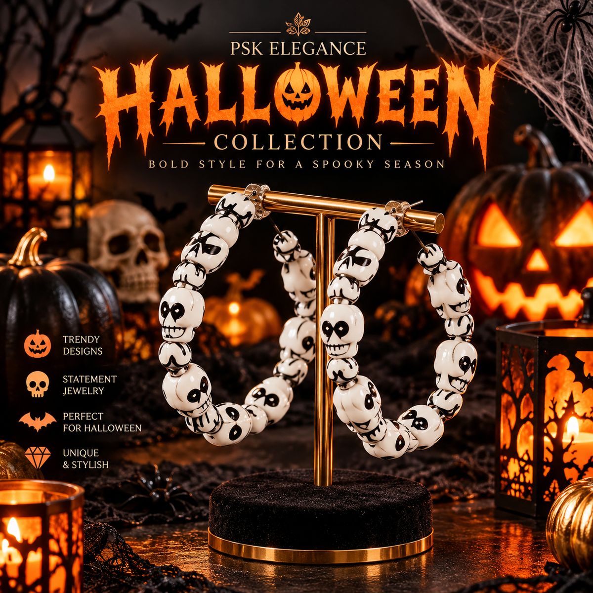 Skull Beaded Hoop Earrings  Halloween Collection