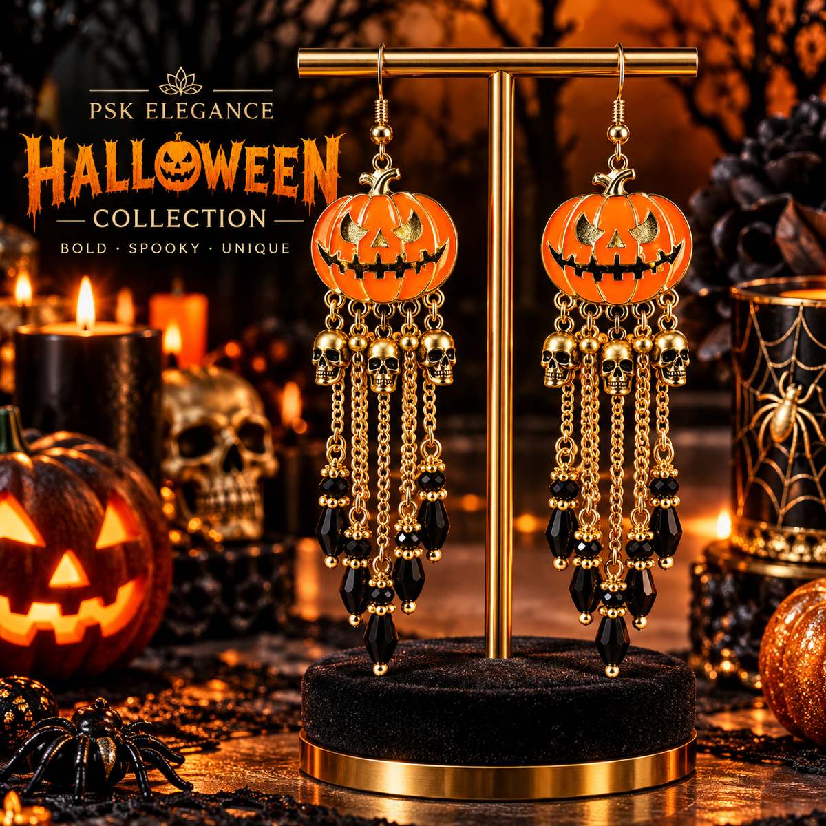 Pumpkin & Skull Chandelier Earrings
