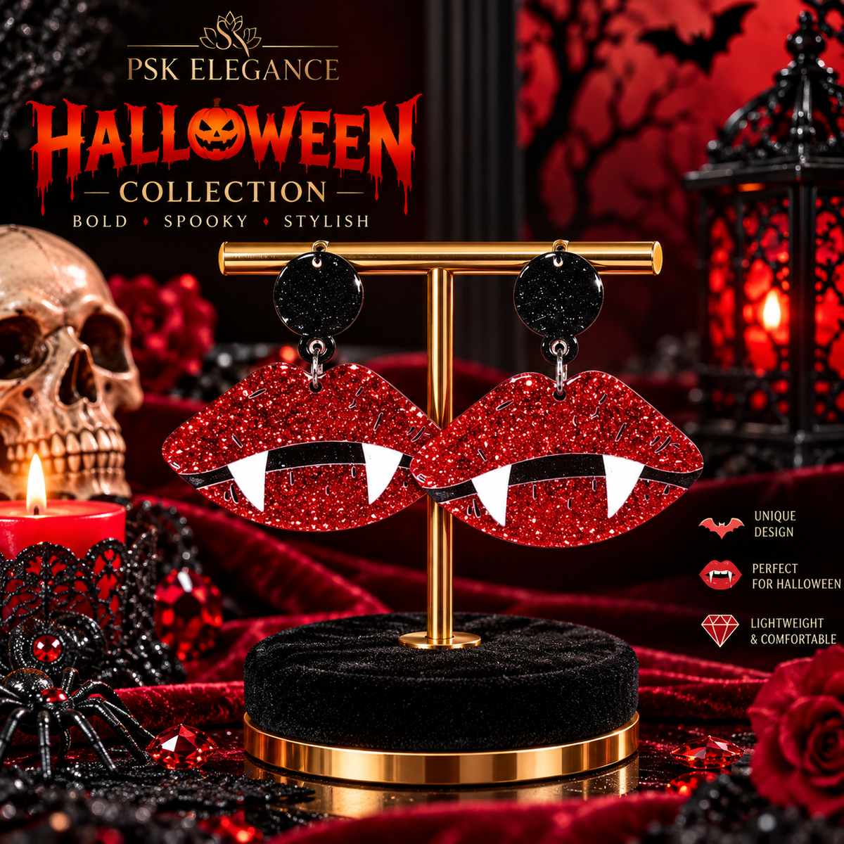 Red Glitter Vampire Lips Earrings