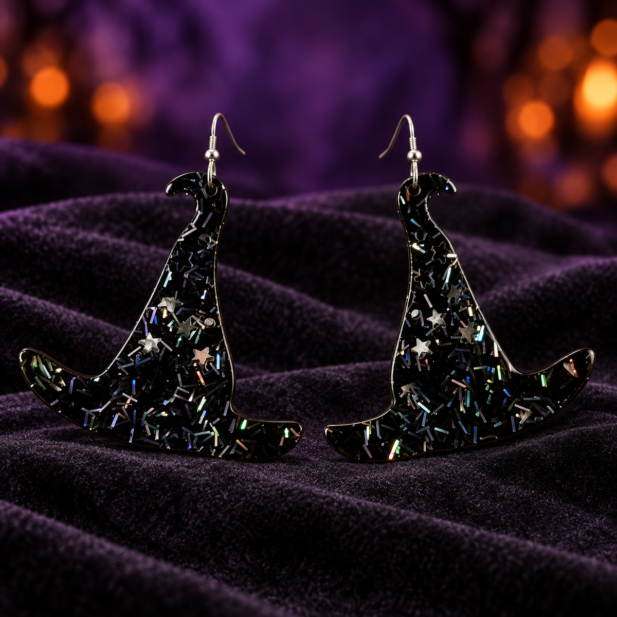 Black Glitter Witch Hat Earrings