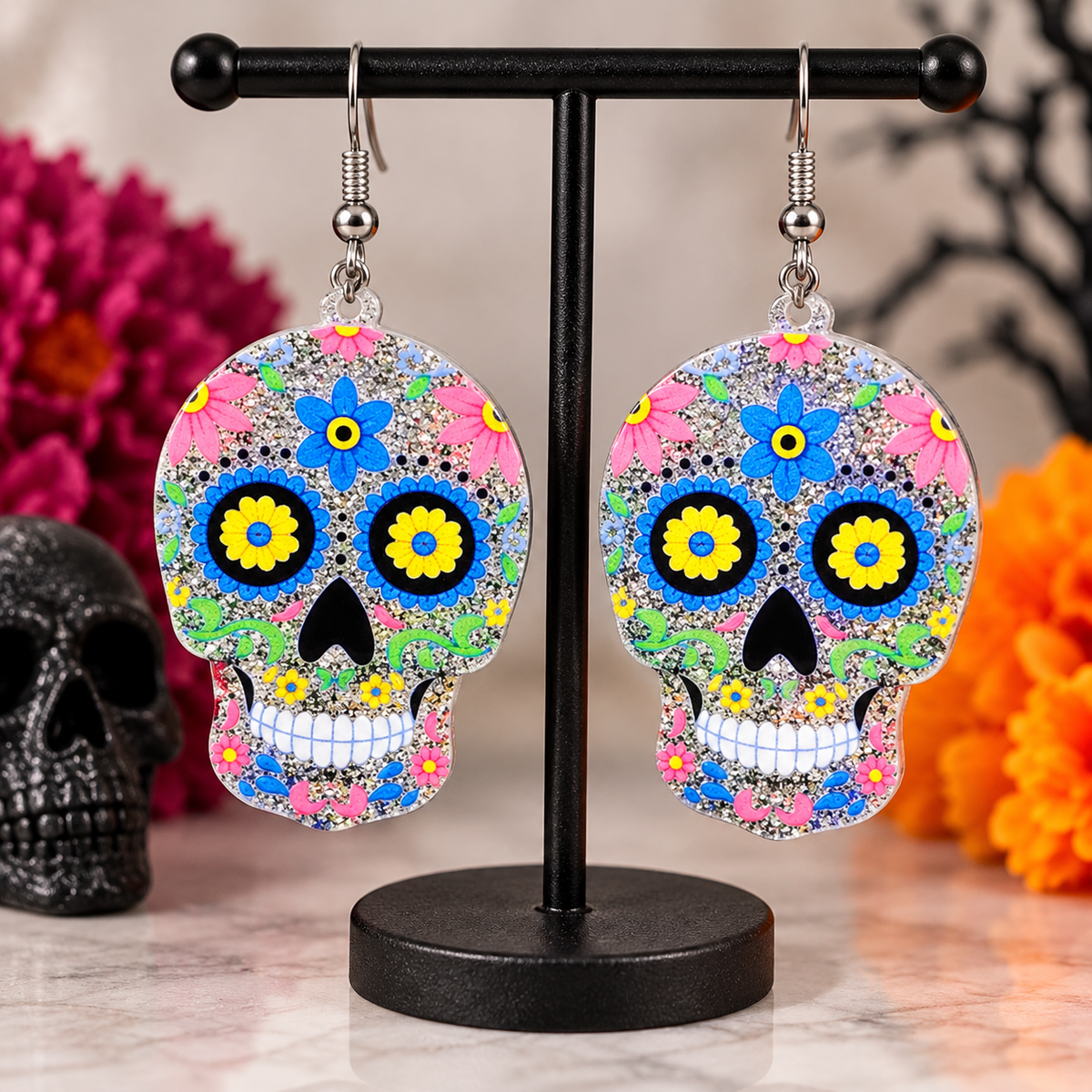 Colorful Glitter Sugar Skull Dangle Earrings