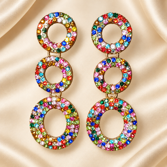Multicolor Rhinestone Triple Circle Drop Earrings