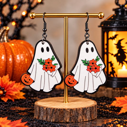 Handmade Wooden Halloween Ghost Dangle Earrings