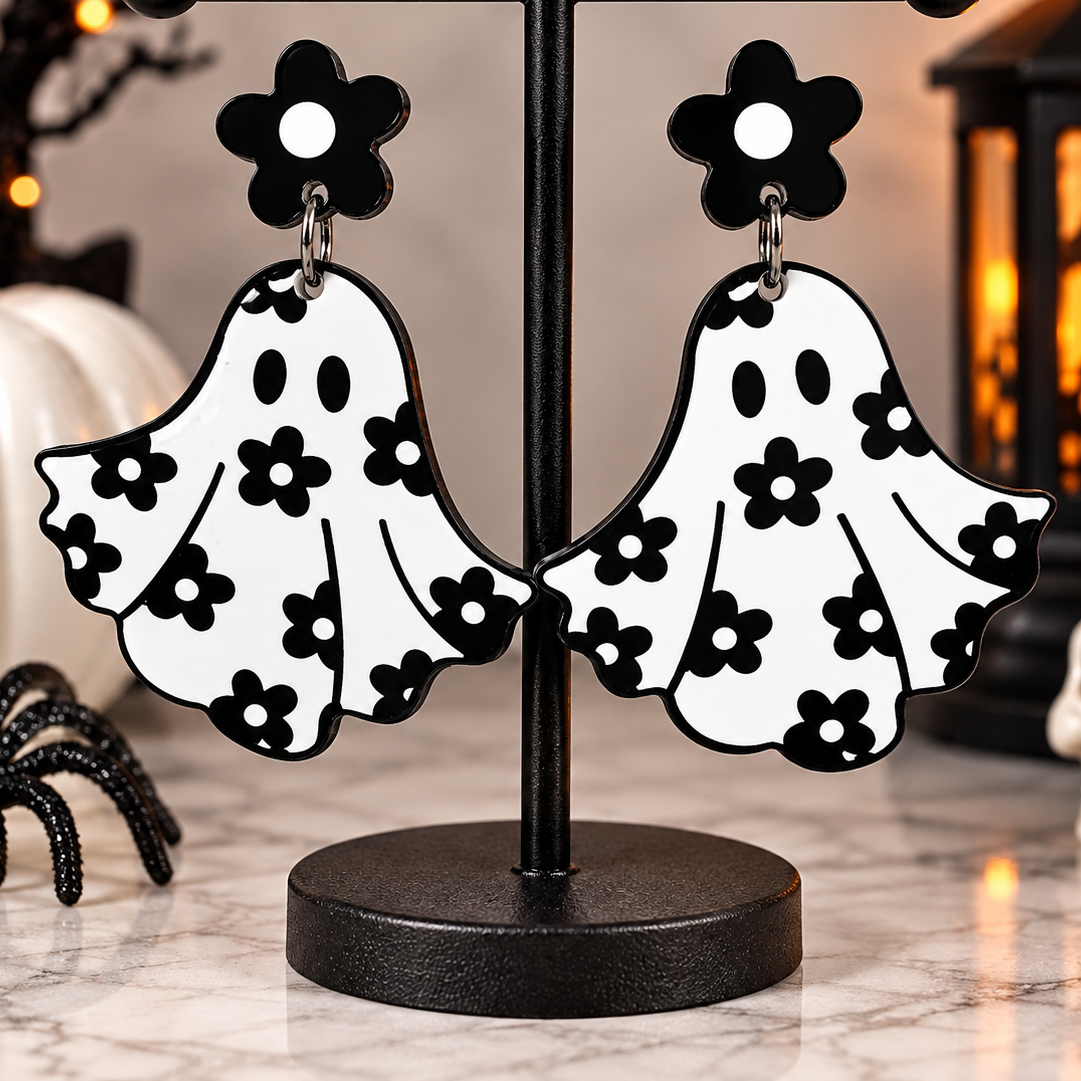 Black & White Floral Ghost Earrings