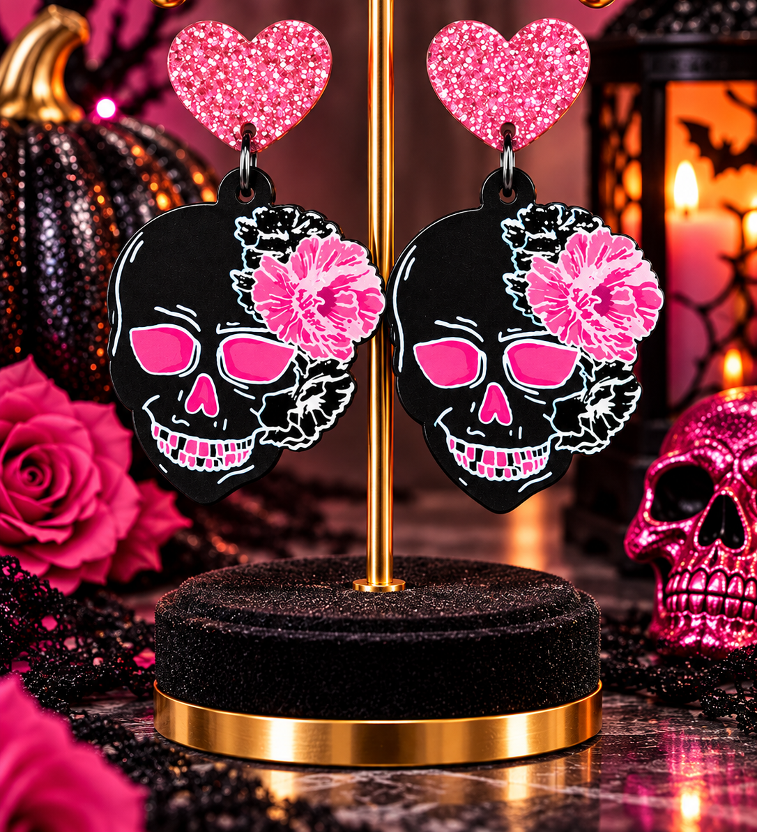 Pink Floral Skull & Heart Earrings