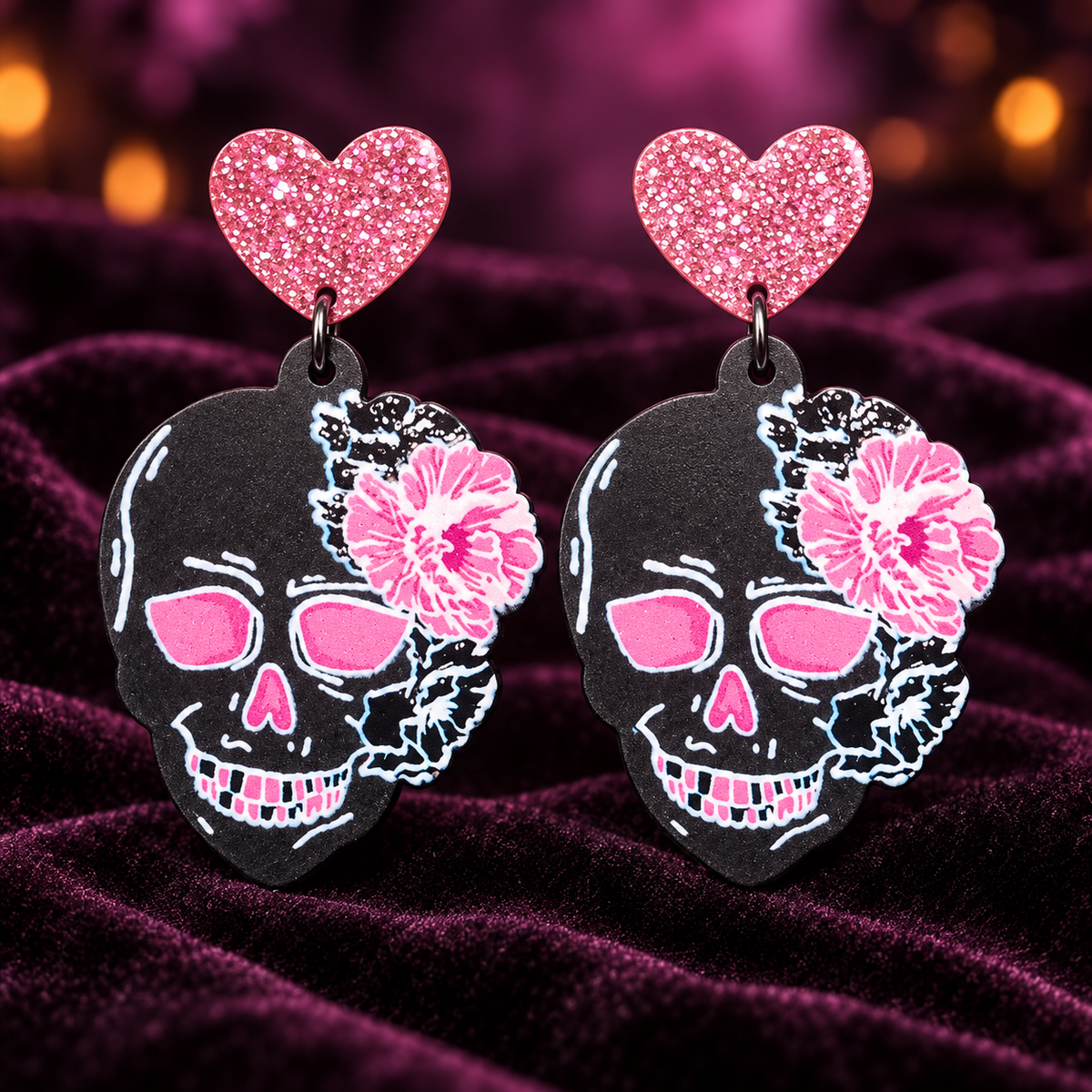 Pink Floral Skull & Heart Earrings