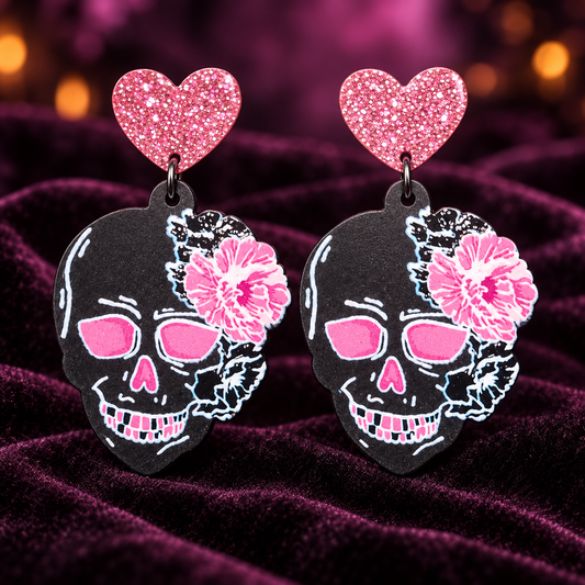 Pink Floral Skull & Heart Earrings