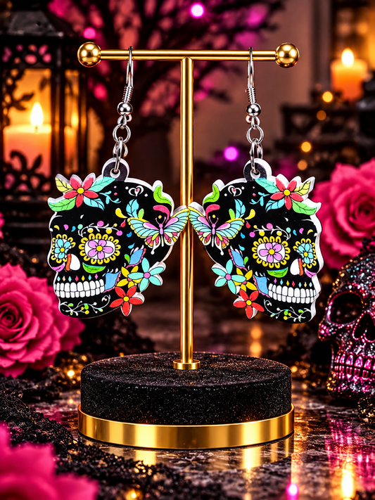 Colorful Floral Sugar Skull Dangle Earrings