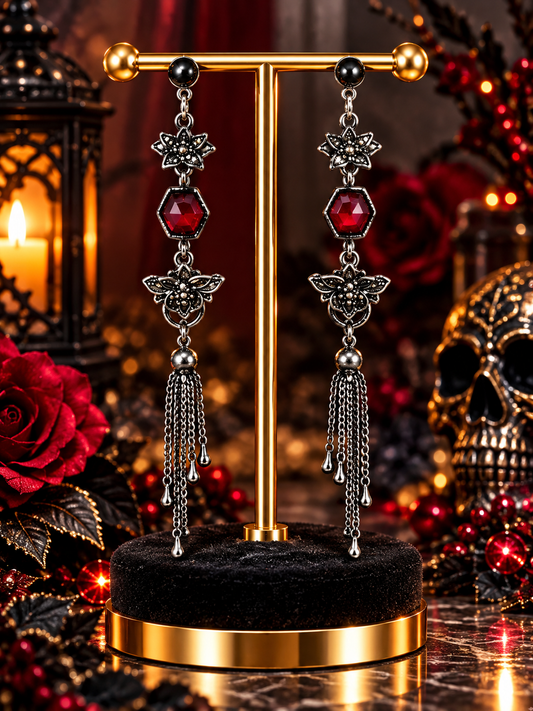 Gothic Red Stone & Chain Tassel Earrings
