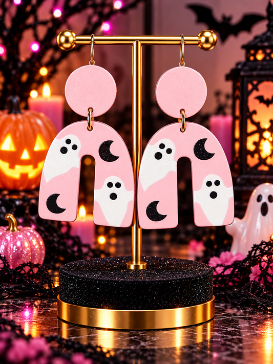 Pink Ghost & Moon Arch Earrings