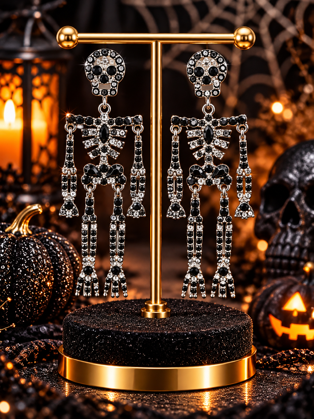 Black & Clear Rhinestone Skeleton Earrings