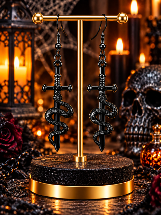 Black Snake & Dagger Dangle Earrings
