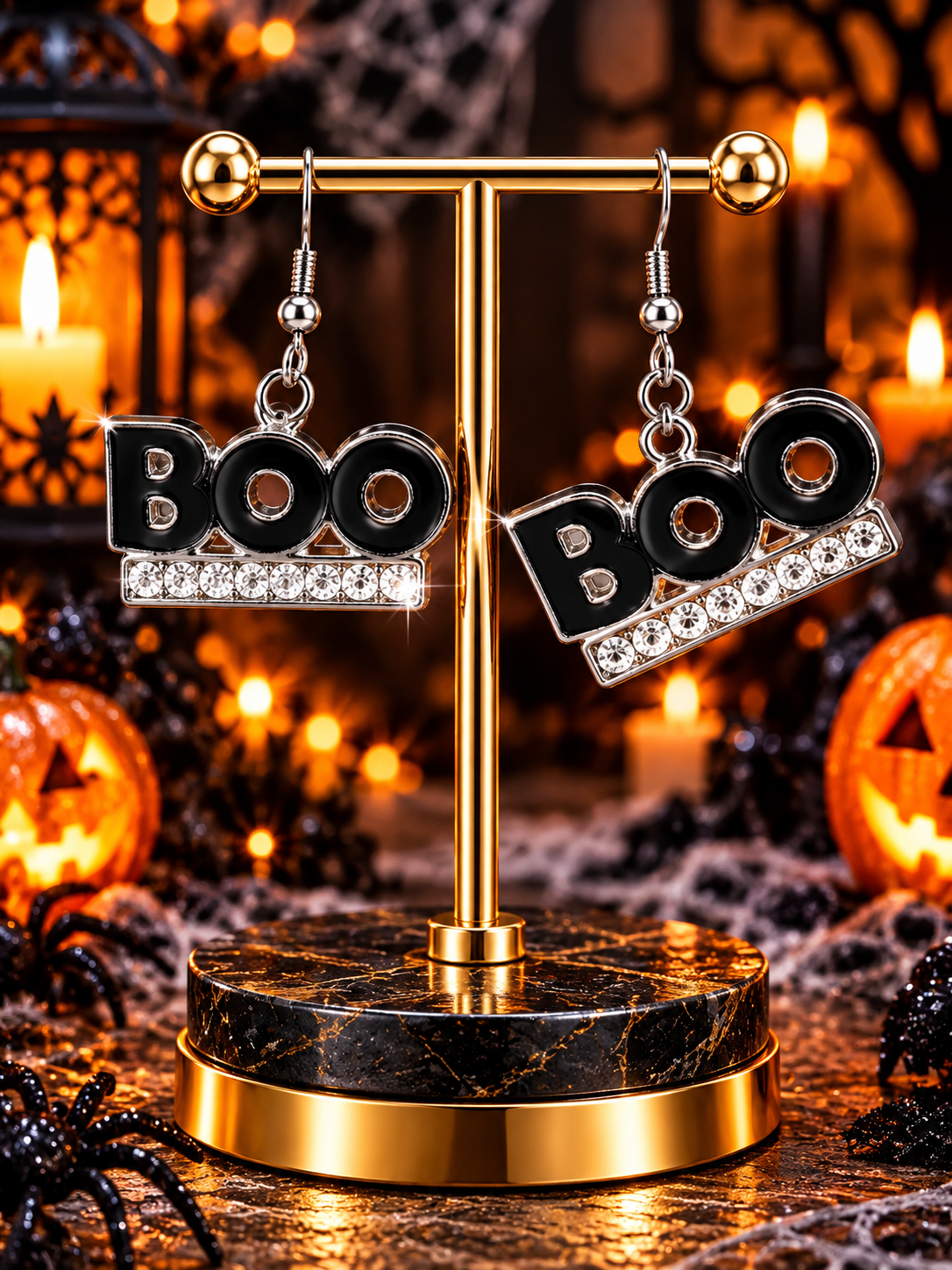 BOO Halloween Rhinestone Dangle Earrings