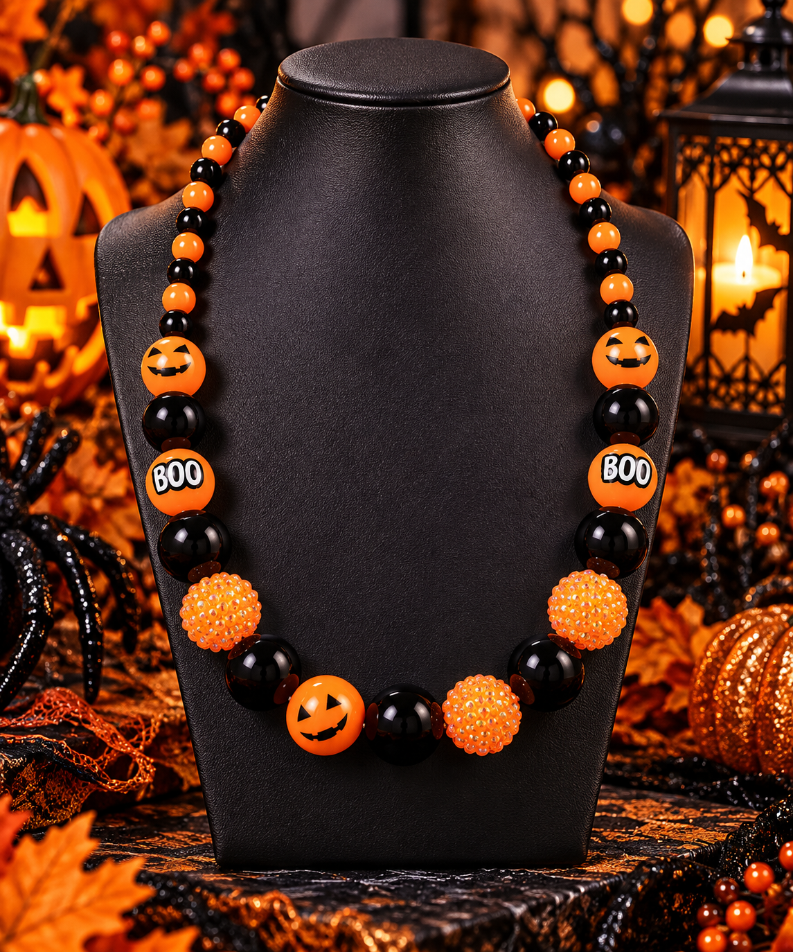 Orange & Black BOO Beaded Necklace