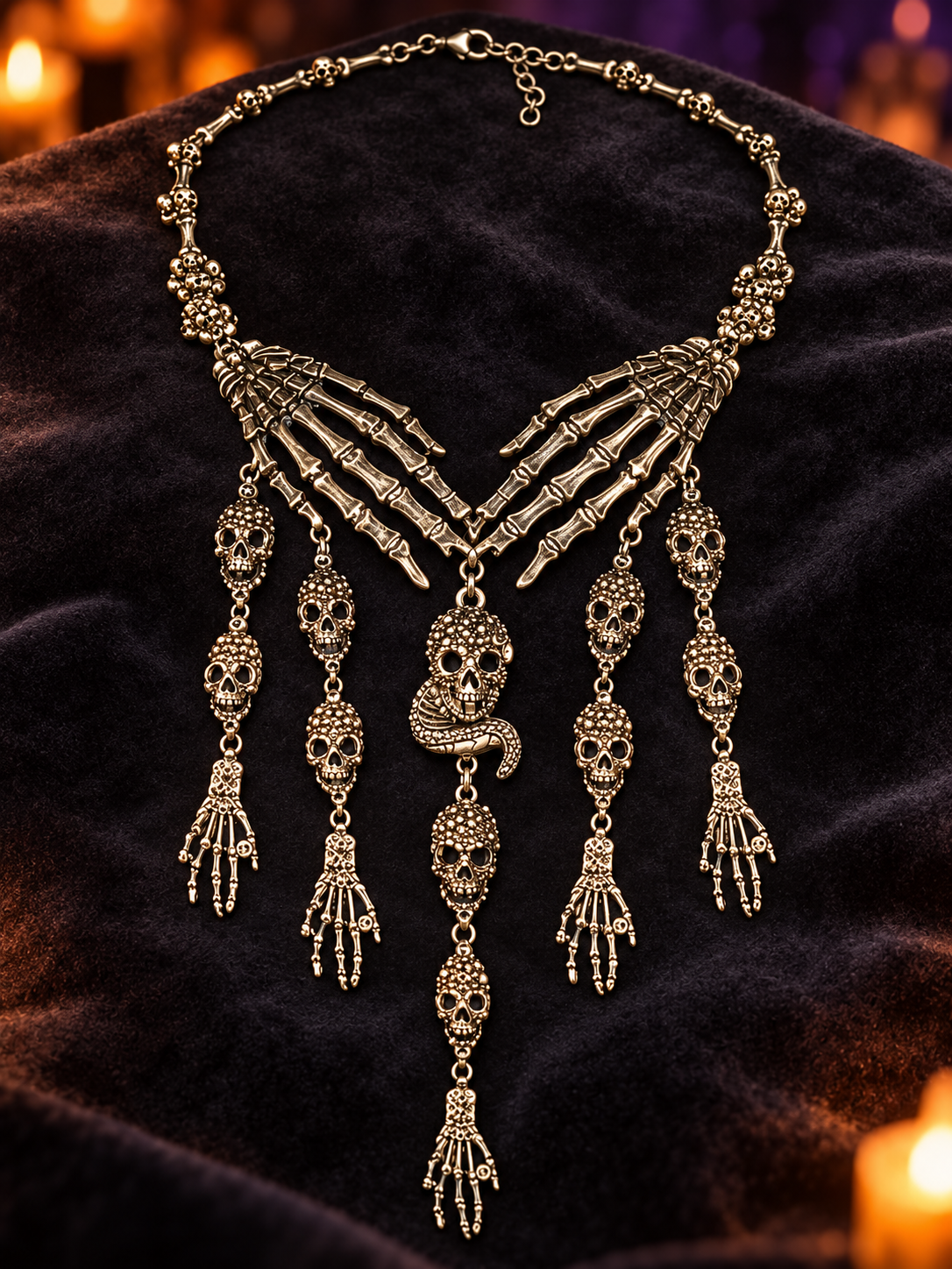 Gothic Skull & Skeletal Hand Statement Necklace