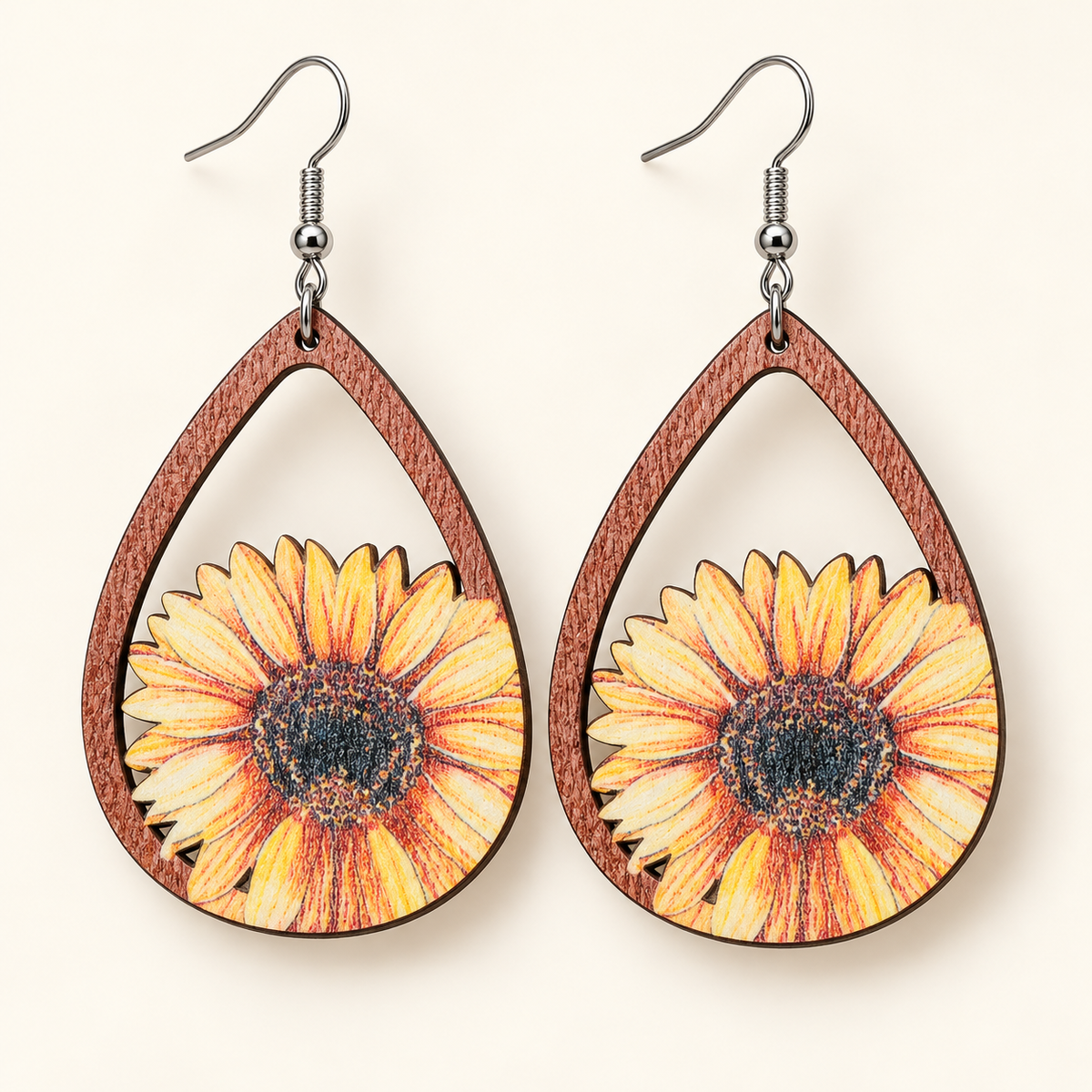 Handcrafted Sunflower Wooden Dangle Earrings