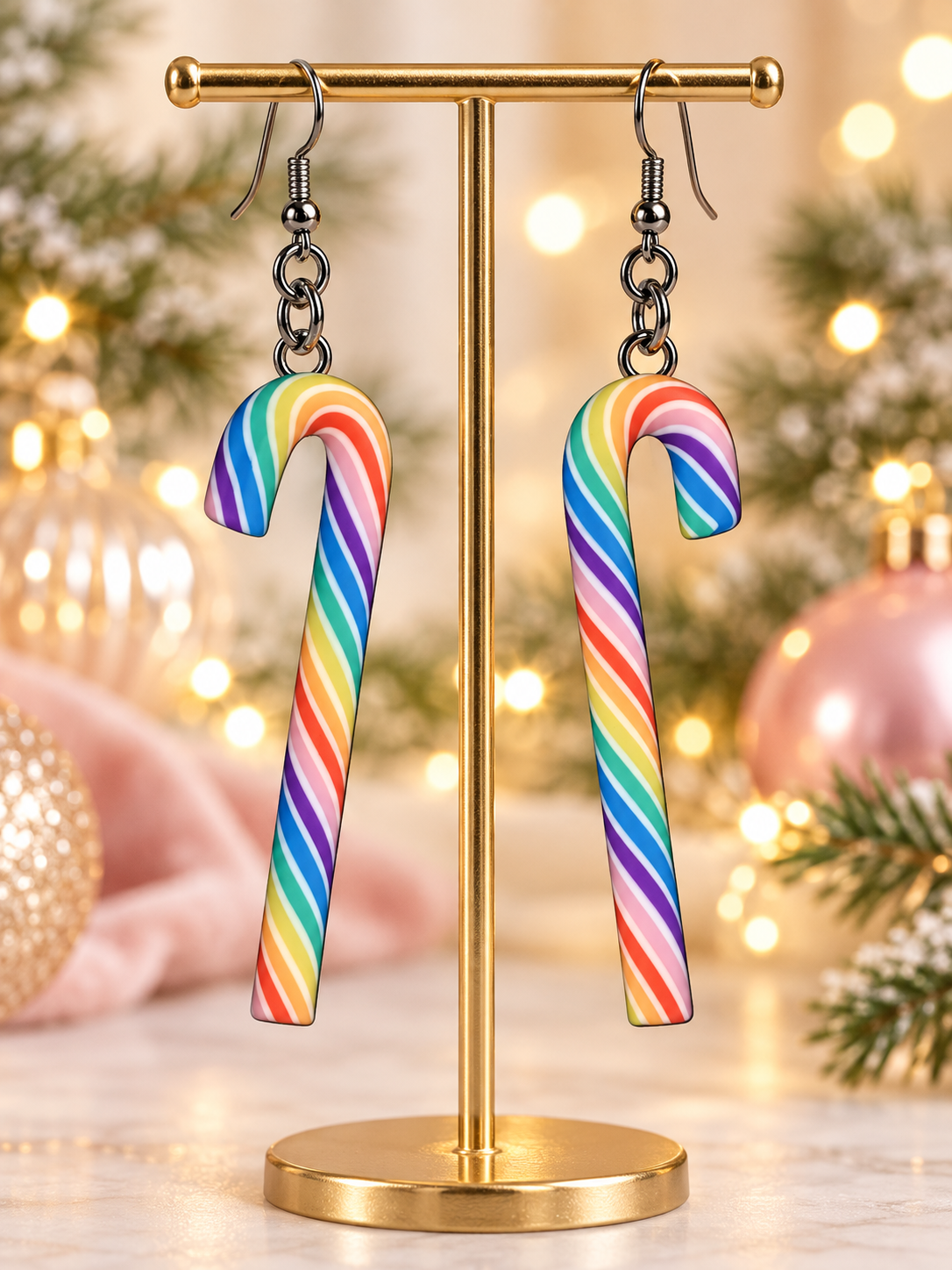 Rainbow Candy Cane Dangle Earrings