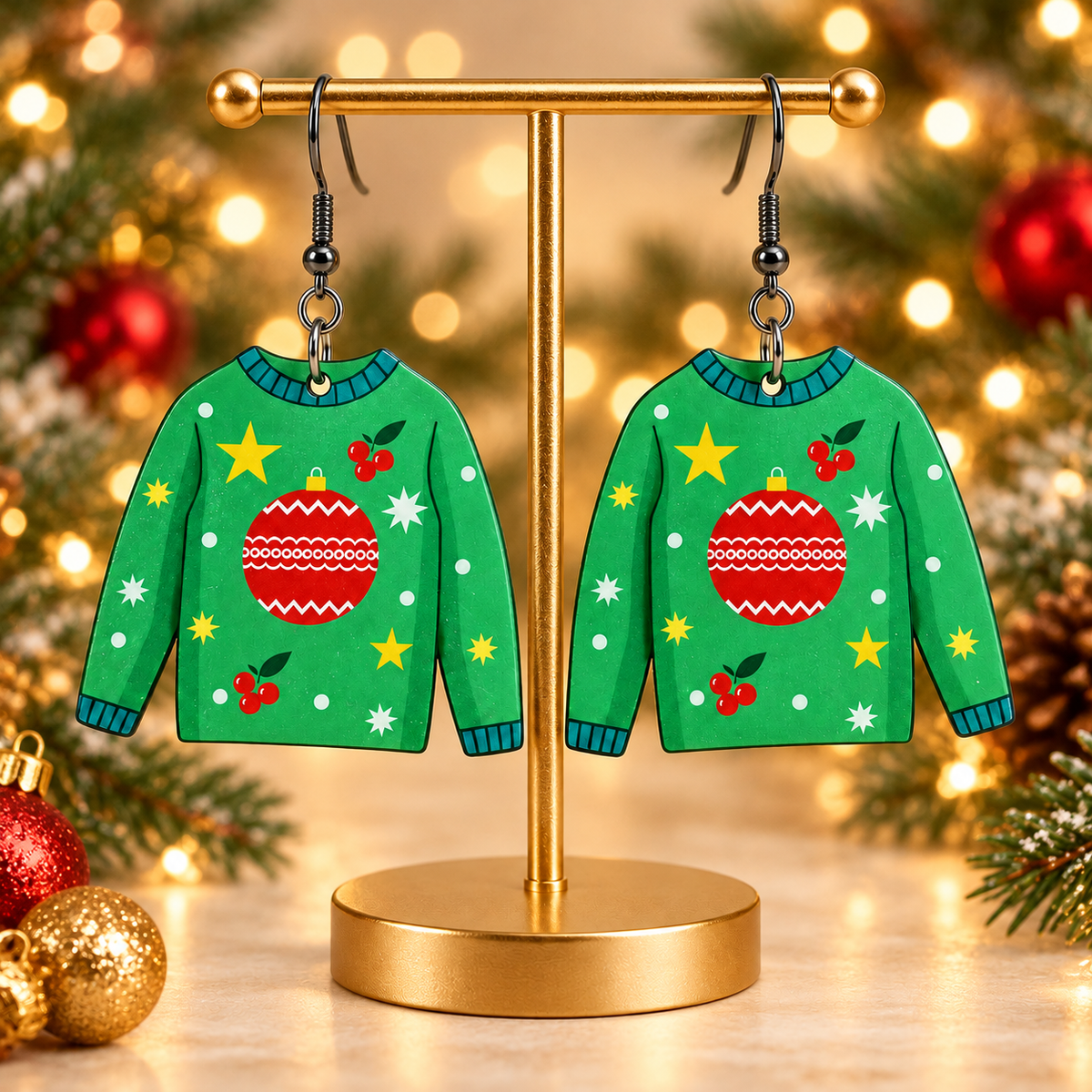 Green Christmas Sweater Dangle Earrings