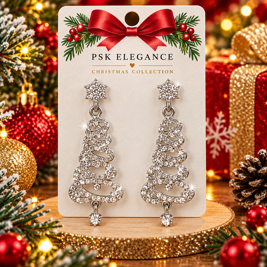 Silver Sparkling Spiral Christmas Tree Earrings