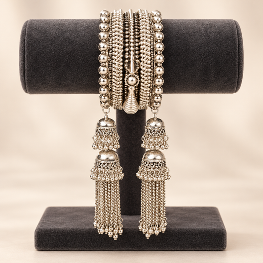 Silver-Tone Statement Bangles with Jhumka Tassels