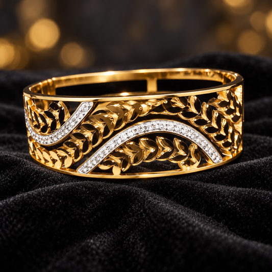 Gold-Tone Leaf & Sparkling Wave Bangle Bracelet
