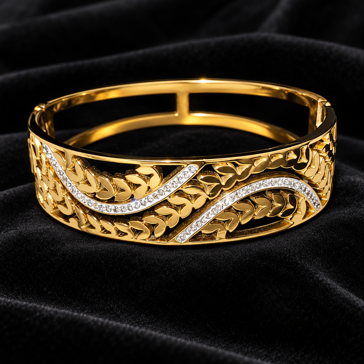 Gold-Tone Leaf & Sparkling Wave Bangle Bracelet