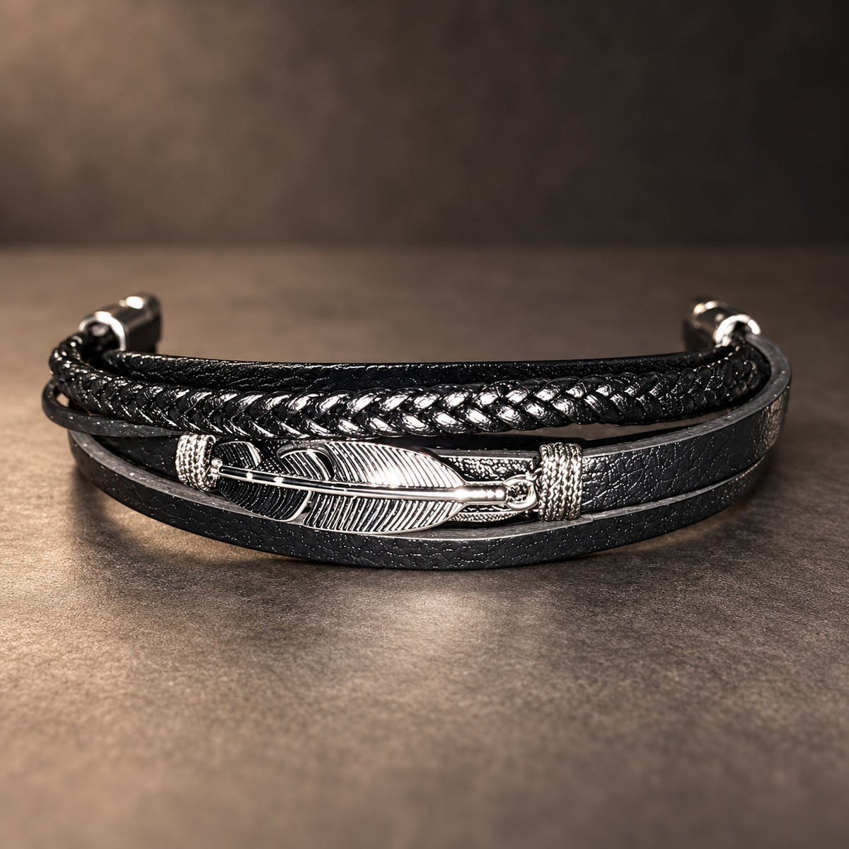 Black PU Leather Feather Bracelet
