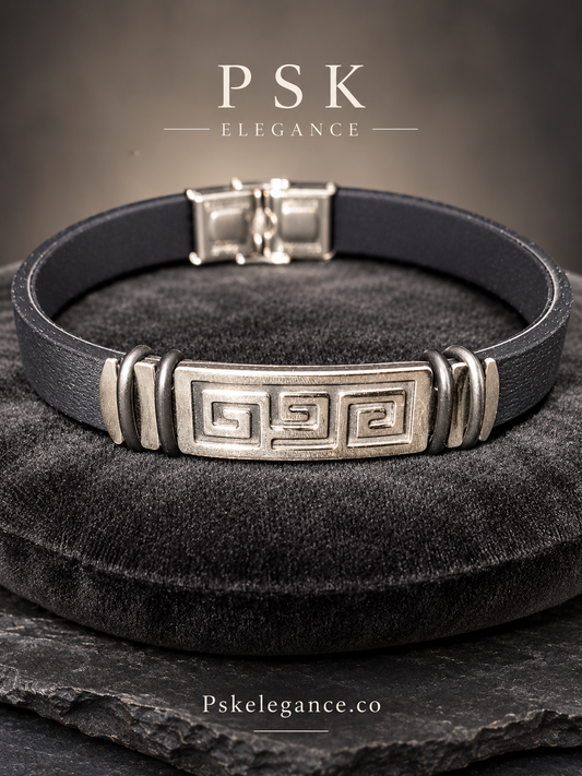 Men’s Black PU Leather Bracelet with Greek Key Detail