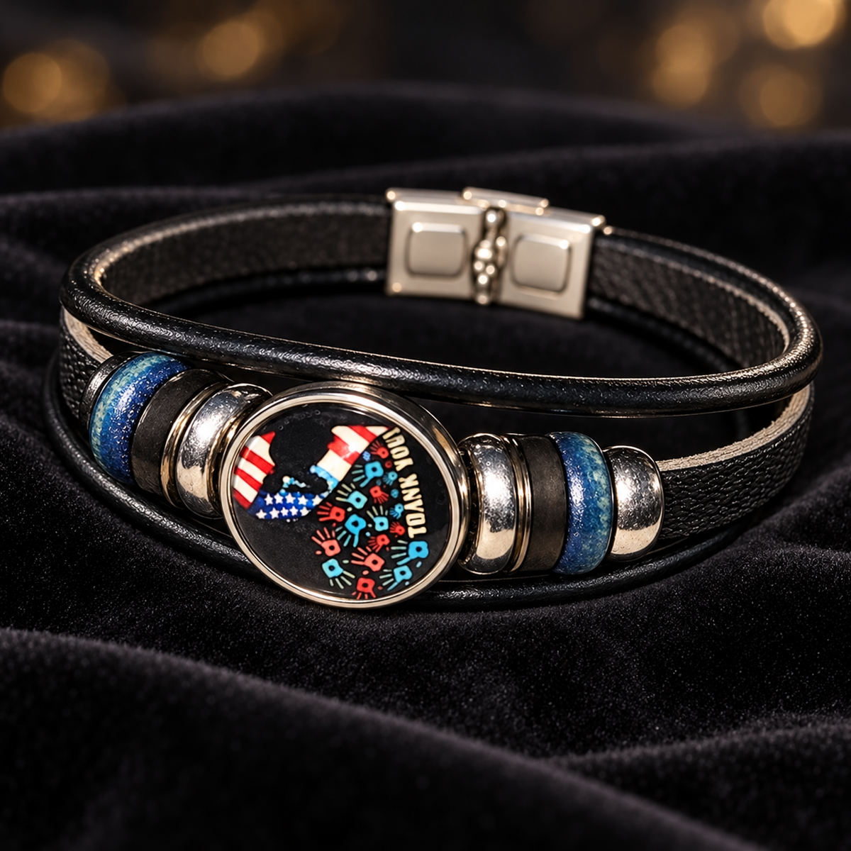 Black PU Leather Patriotic Wrap Bracelet