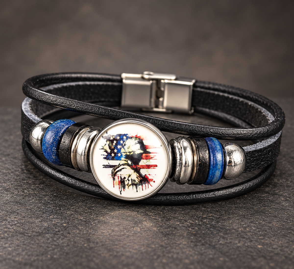 Black PU Leather Patriotic  Bracelet