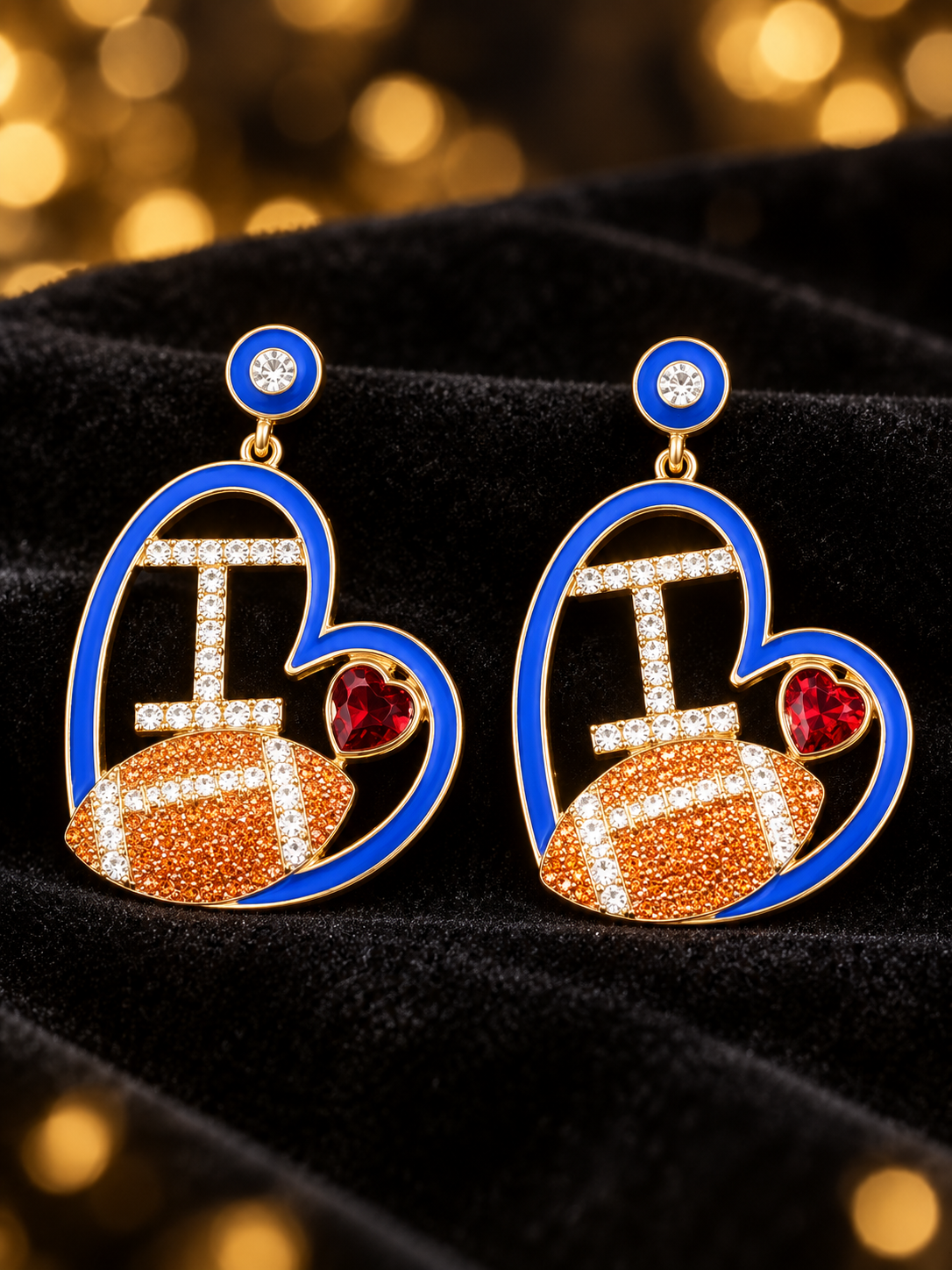 Love Football” Blue Heart Dangle Earrings