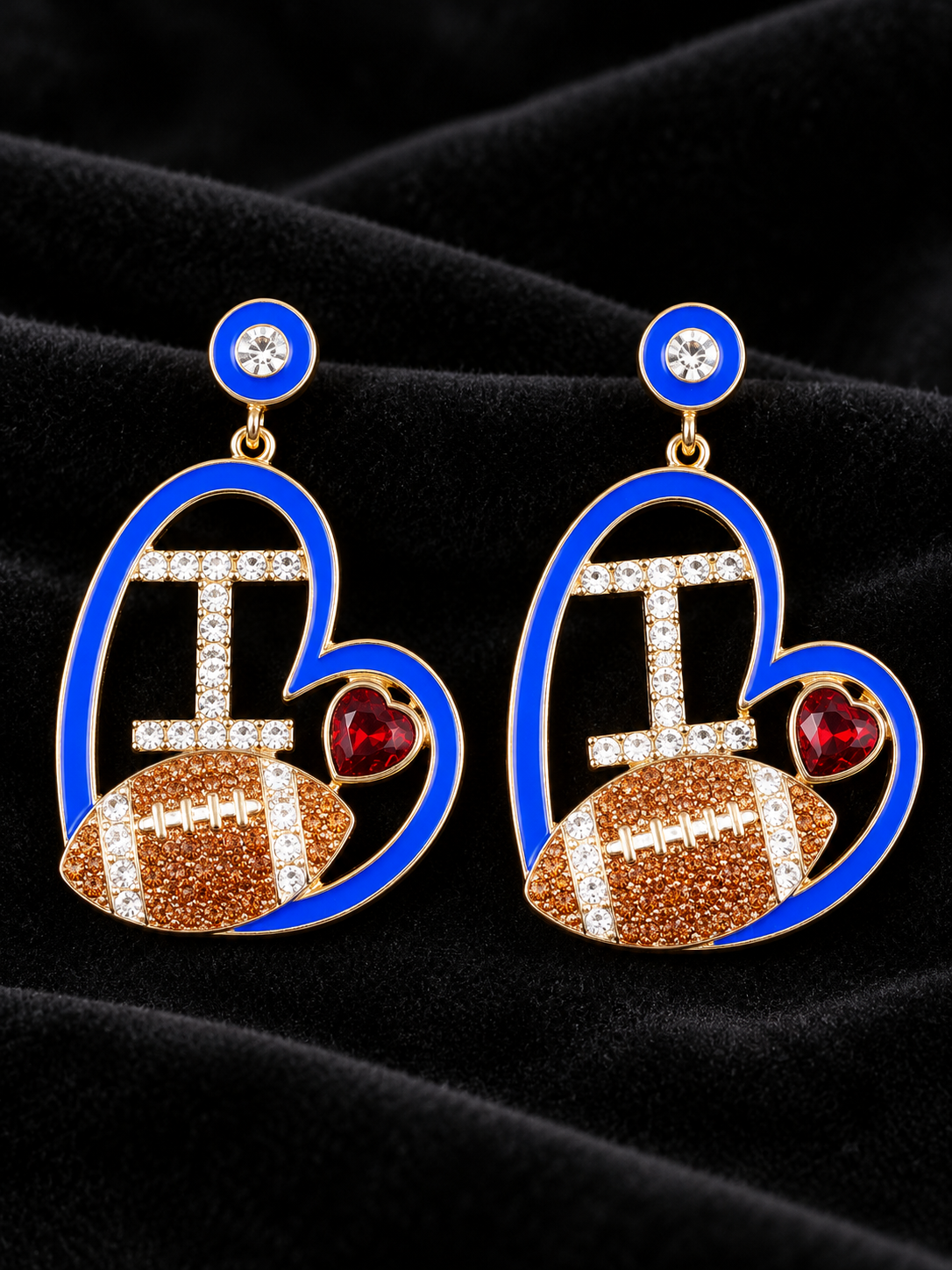 Love Football” Blue Heart Dangle Earrings