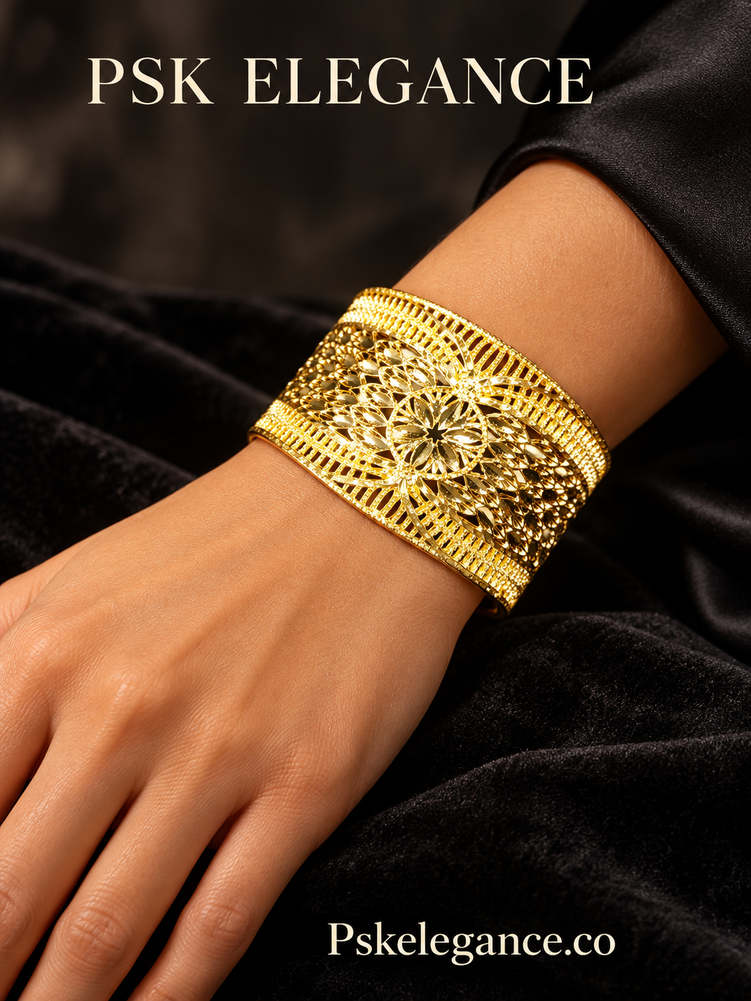 Gold-Tone Floral Filigree Wide Cuff Bracelet