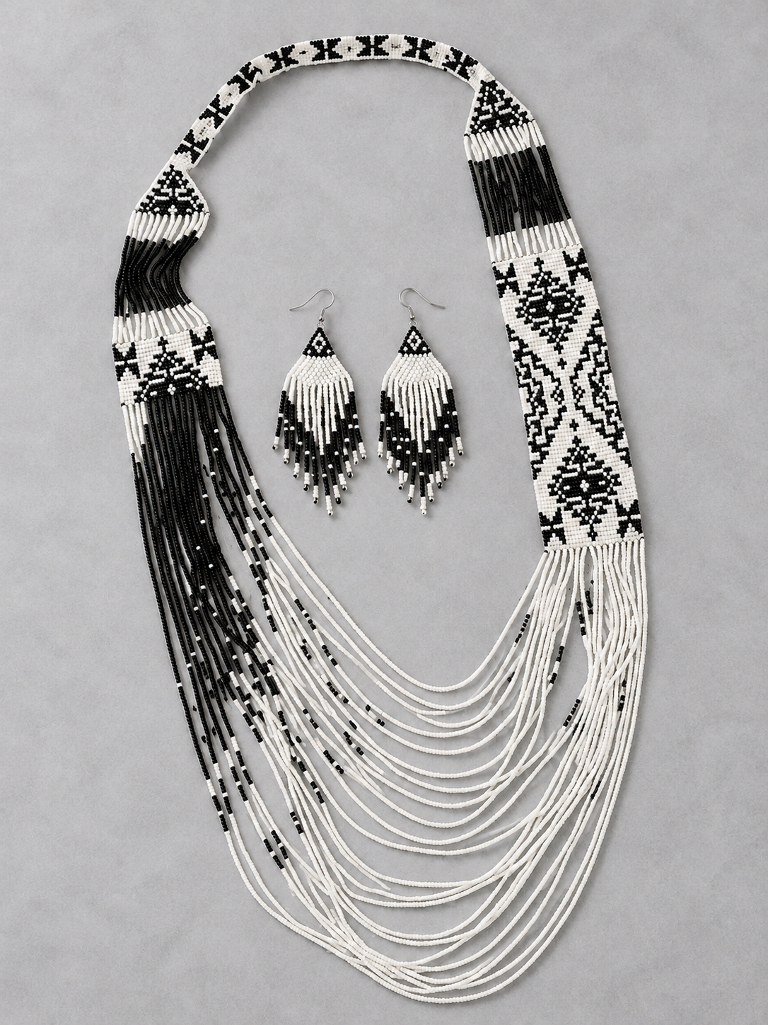 Black & White Handmade Beaded Necklace and Earring Set