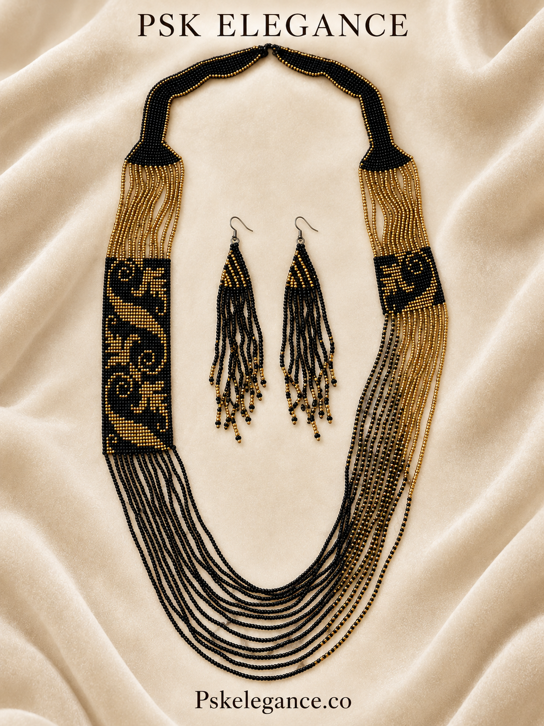 Black & Gold Beaded Statement Necklace and Fringe Earrings Set