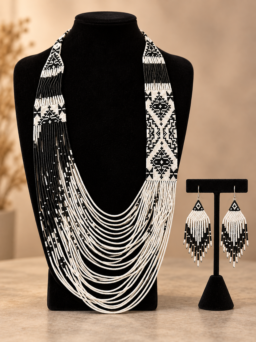 Black & White Handmade Beaded Necklace and Earring Set