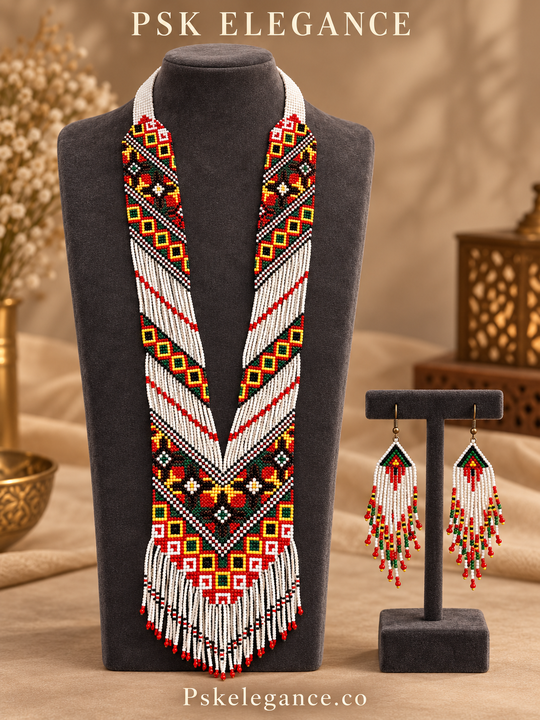 Multicolor Geometric Beaded Necklace & Fringe Earrings Set