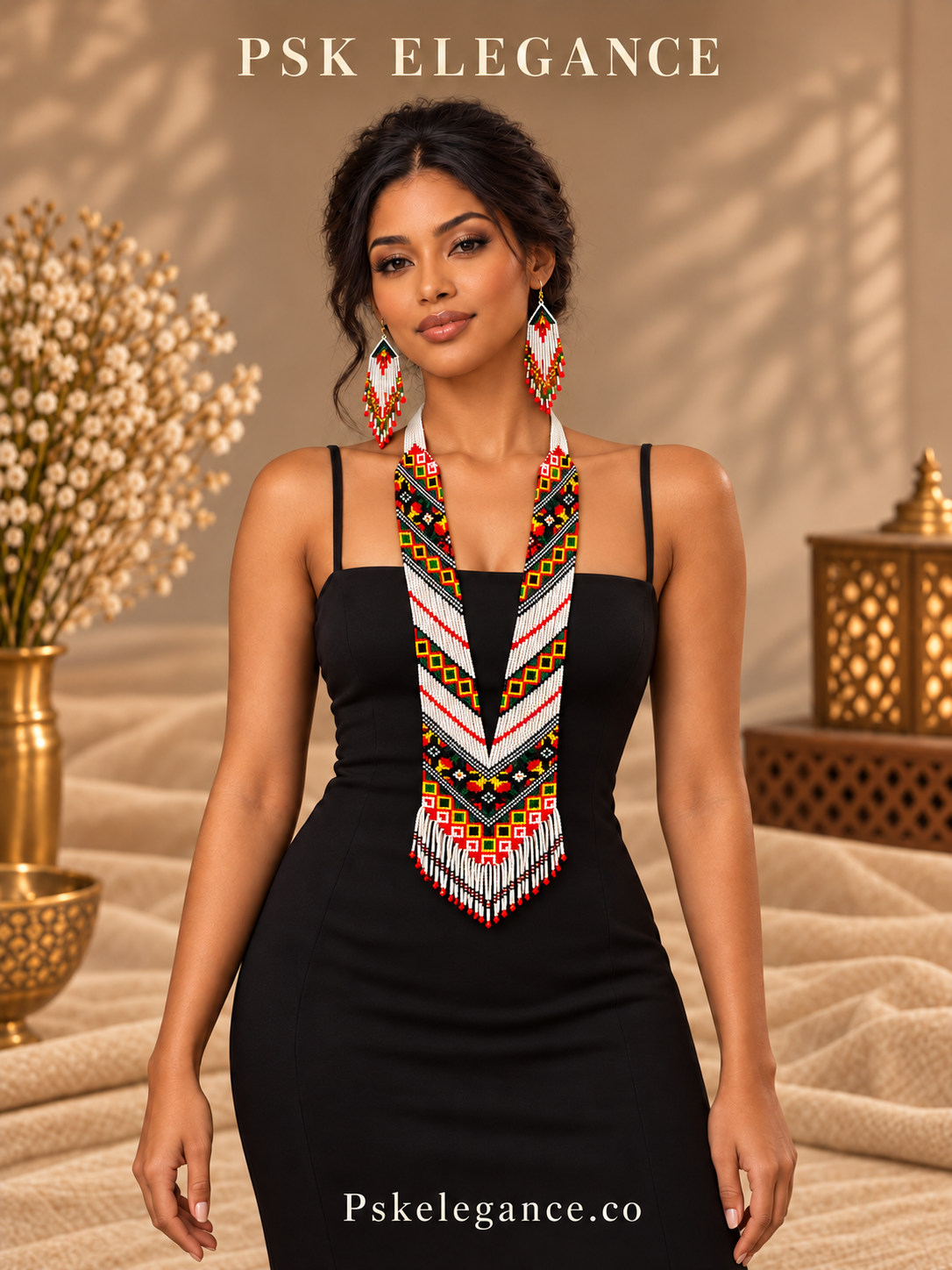 Multicolor Geometric Beaded Necklace & Fringe Earrings Set