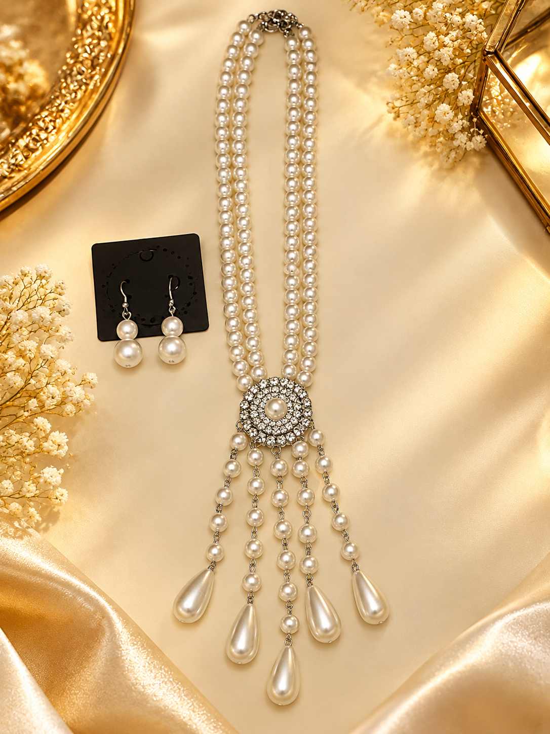 Pearl Cascade Statement Necklace & Earrings Set | PSK ELEGANCE