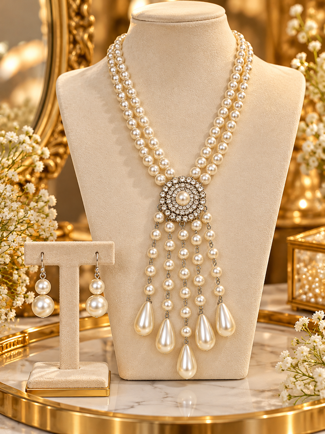 Pearl Cascade Statement Necklace & Earrings Set | PSK ELEGANCE