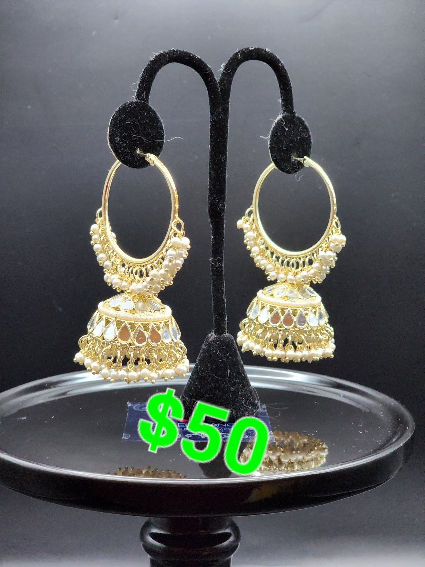 Earings Jhumkas with gold tone mirror work hoops