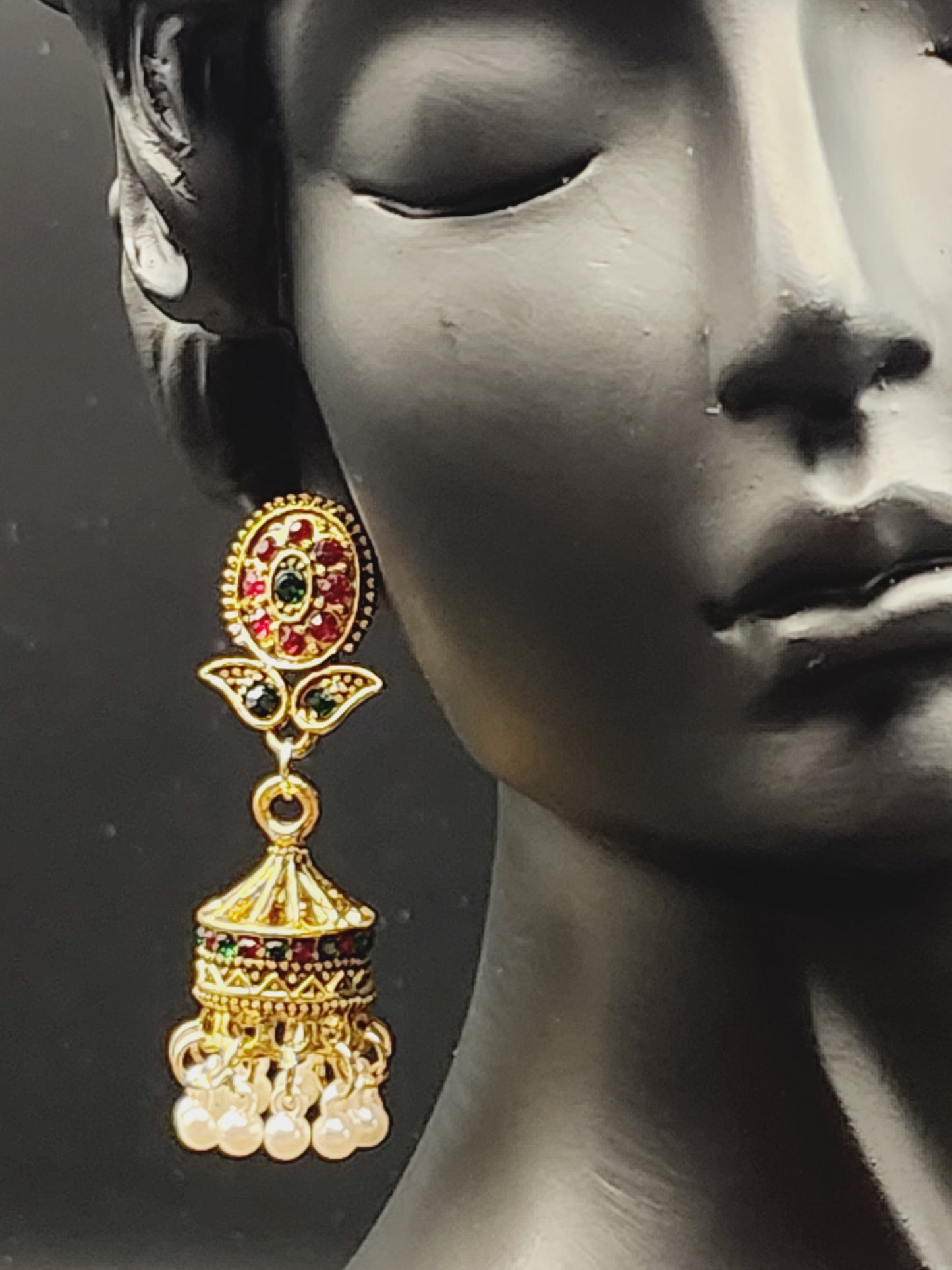 Gold tone Flower red and green stone  Earing