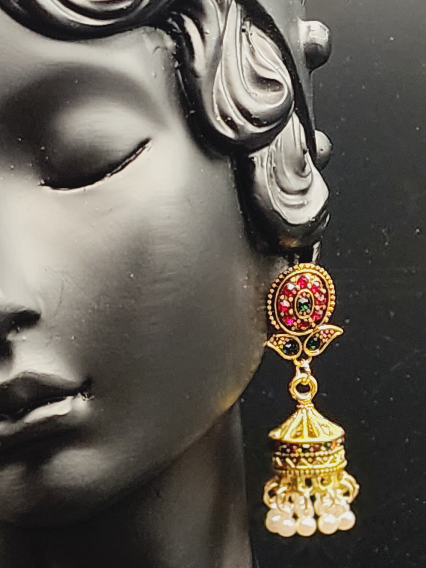 Gold tone Flower red and green stone  Earing