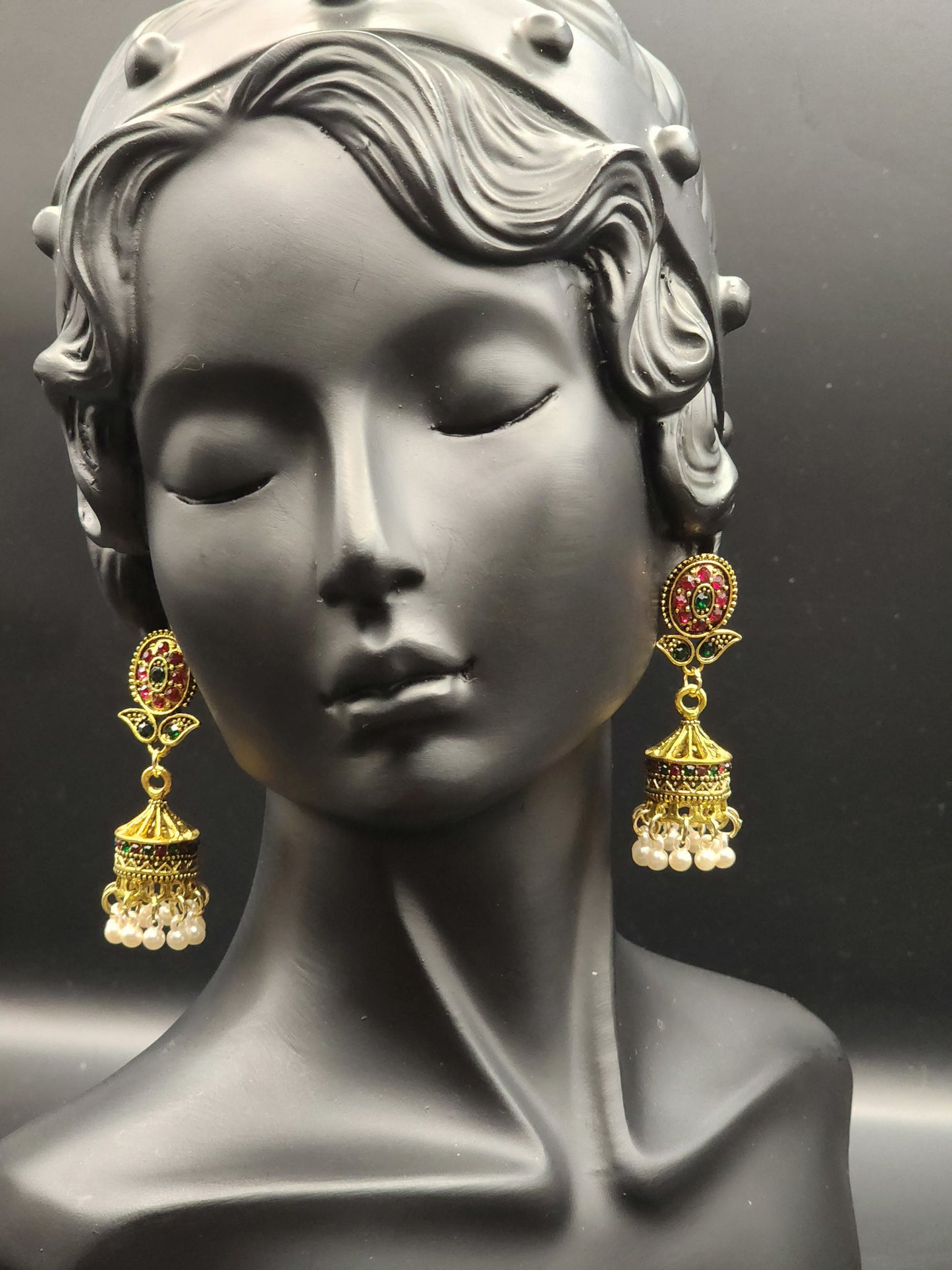 Gold tone Flower red and green stone  Earing