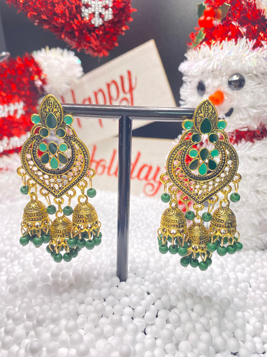 Gold and Green Jhumkas